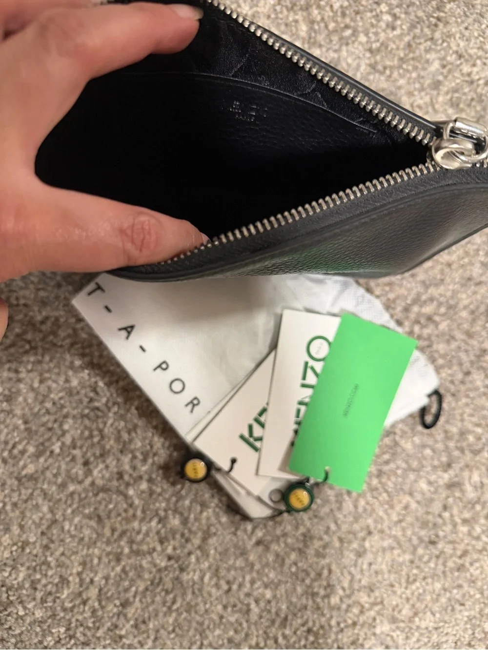 Kenzo Black pebbled leather zip clutch unisex retails $400